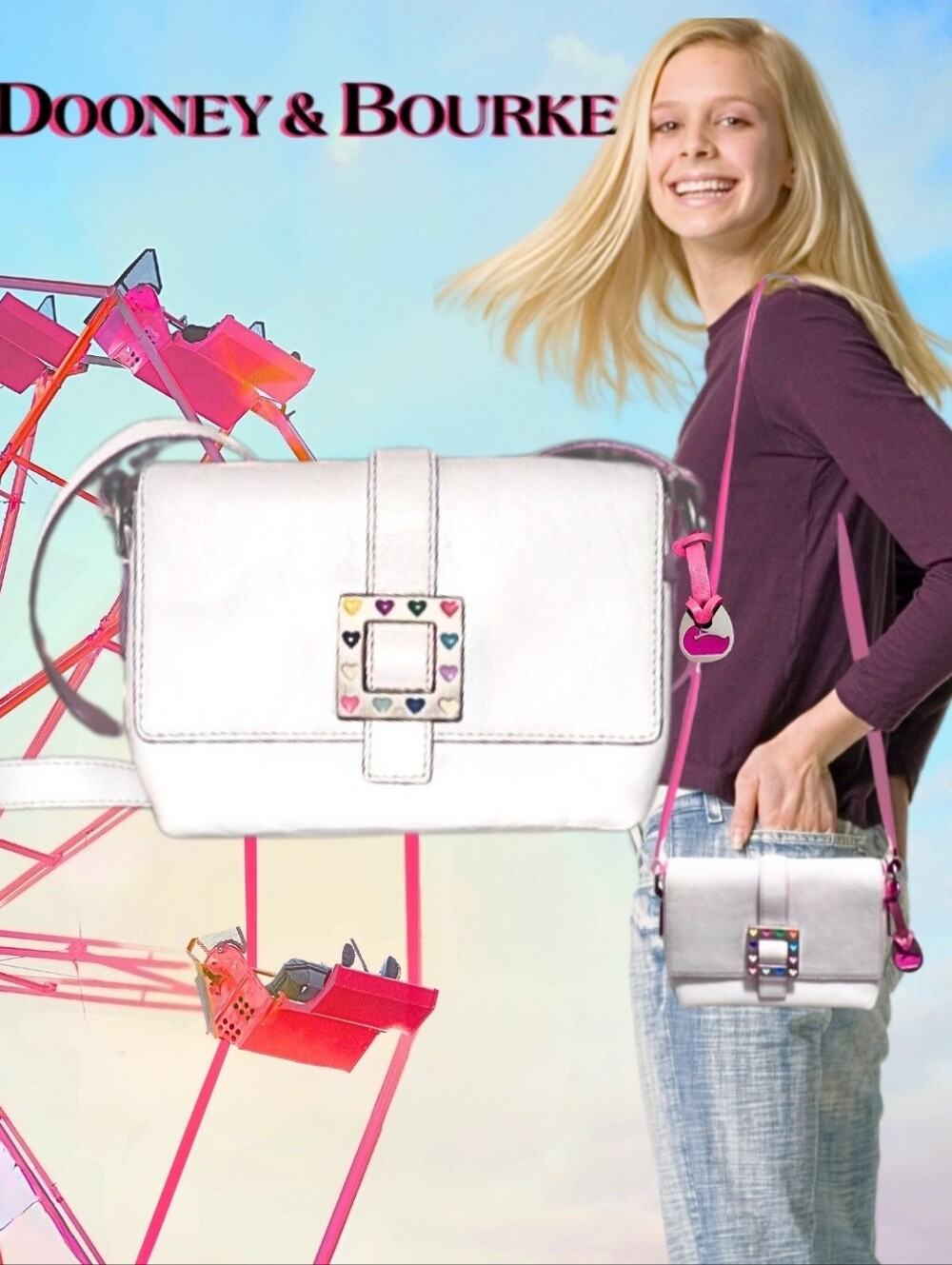 Dooney & Bourke Leather Small Stylish Retro Y2K White Pink Silver Crossbody Bag